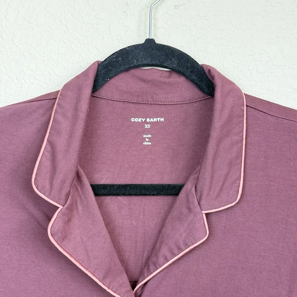 Cozy Earth Womens Bamboo Viscose Pajama Set Maroon Button Front Pockets Soft XS